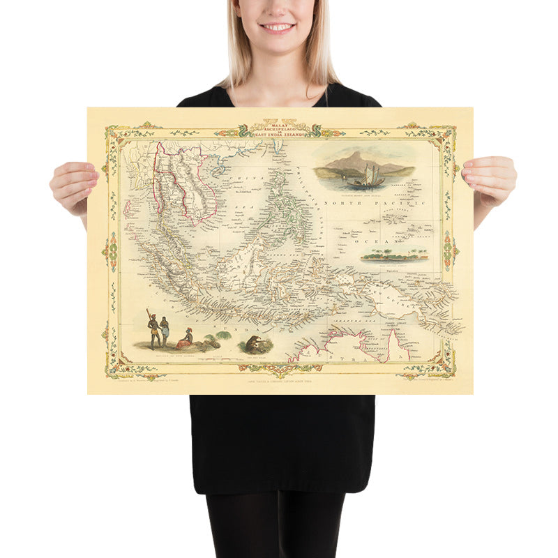 Old Map of the Malay Archipelago by Tallis & Rapkin, 1851: Borneo, Java, Sumatra, Philippines, New Guinea