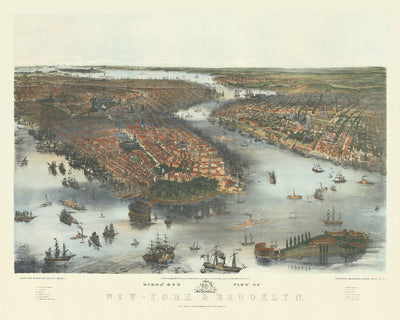Antiguo mapa a vista de pájaro de Nueva York y Brooklyn por Bachmann, 1851: Central Park, The Battery, Brooklyn, East River, Hudson River