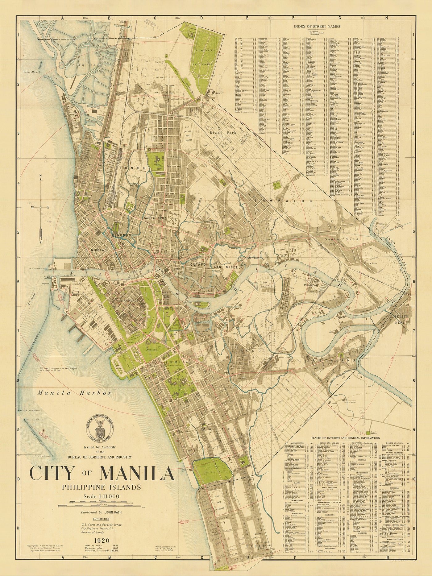 Old Map of Manila, Philippines by John Bach, 1920: Intramuros, Ermita ...