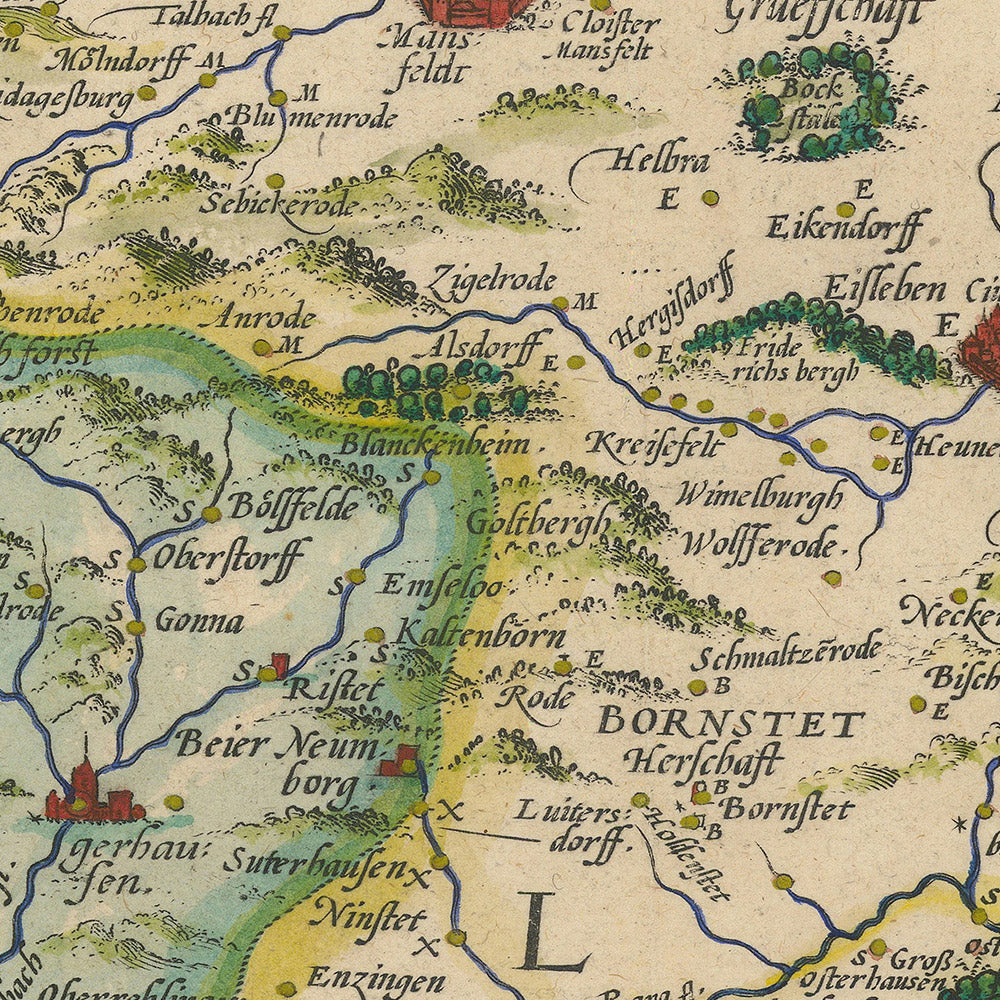 Carte ancienne de Mansfeld par Ortelius, 1575 : Mansfeld, Halle, rivière Salsa, rivière Helm, cartouches ornés