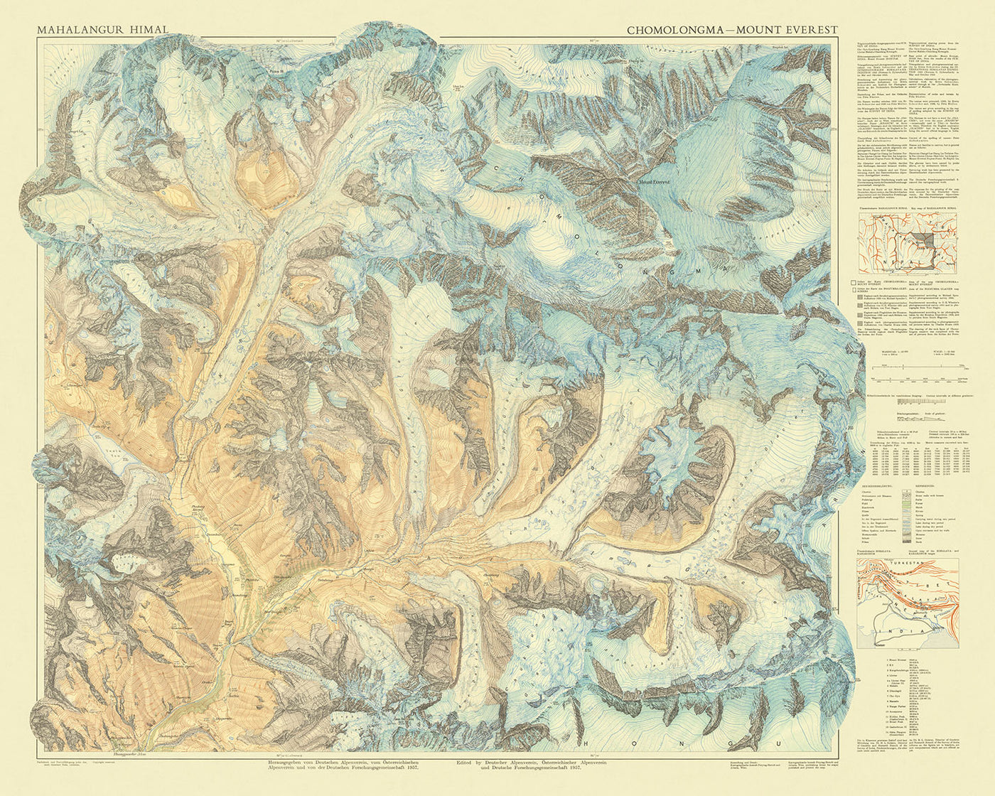 Alte Karte der Mount Everest Region von Schneider, 1957: Everest, Khumbu-Gletscher, Lhotse, Nuptse, Südsattel