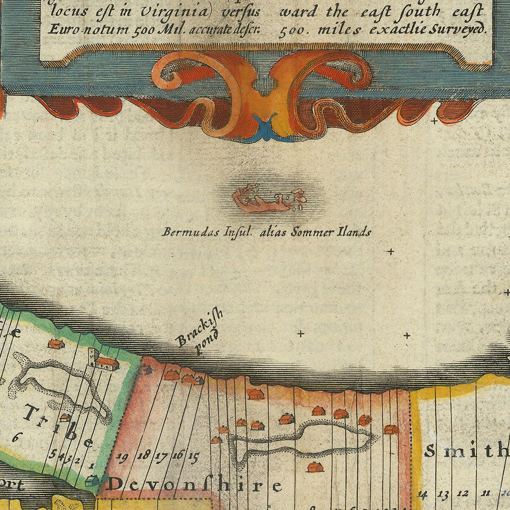 Antiguo mapa de las Bermudas por Speed, 1627: Hamilton, St. George's, Great Sound, Tribes, Compass Rose