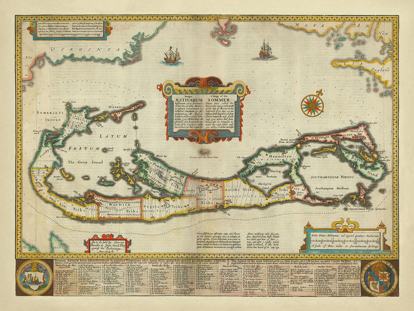 Antiguo mapa de las Bermudas por Speed, 1627: Hamilton, St. George's, Great Sound, Tribes, Compass Rose