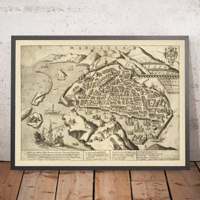 Mapa antiguo de Marsella a vista de pájaro, realizado por Orlandi en 1580: Notre Dame, La Major, S. Laurent, Port, Arsenal