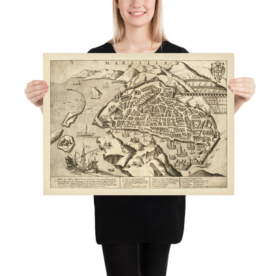 Old Bird's-eye Map of Marseille by Orlandi, 1580: Notre Dame, La Major, S. Laurent, Port, Arsenal