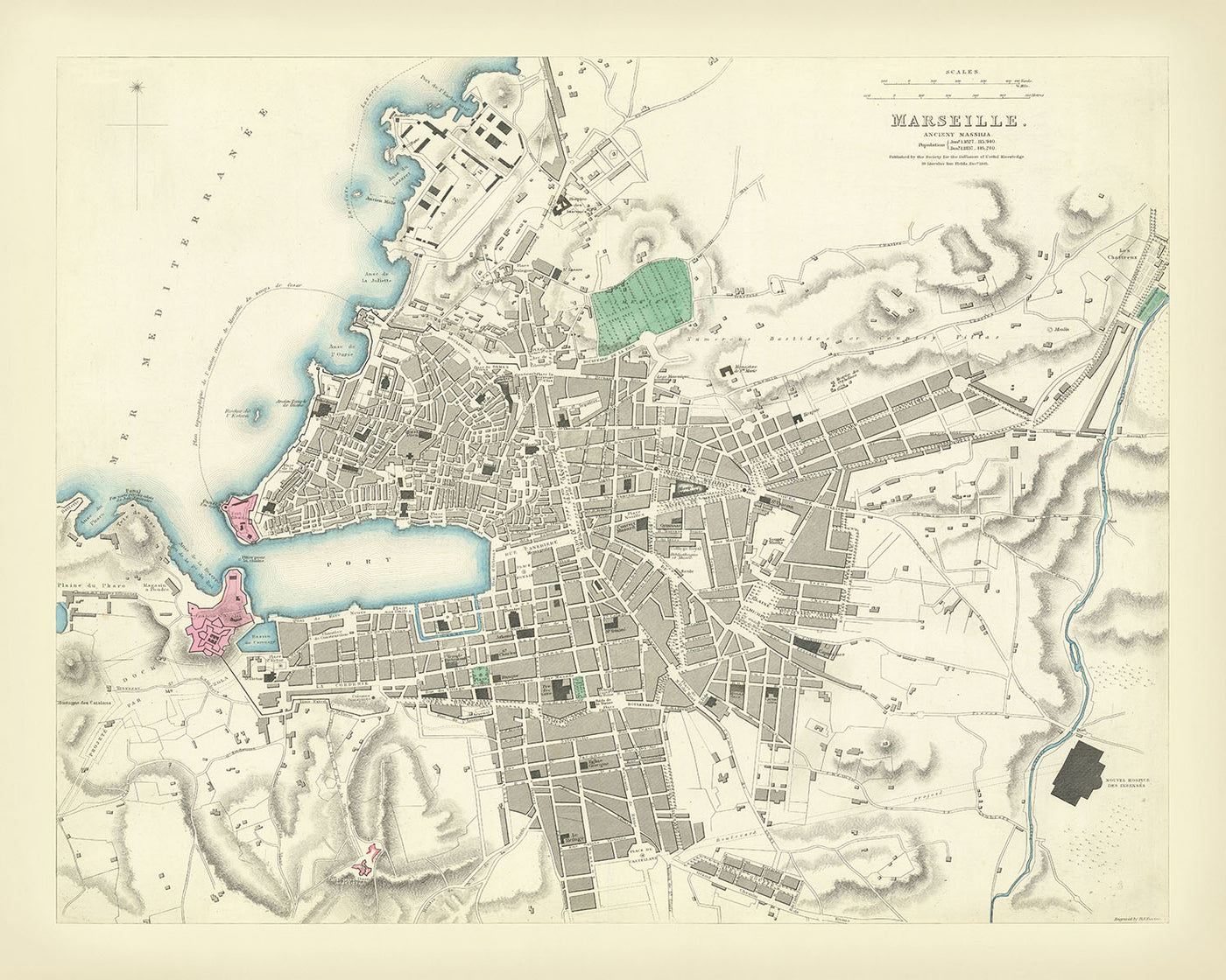 Alte Karte von Marseille, 1870: Vieux-Port, Fort Saint-Jean, Fort Saint-Nicolas, Palais Longchamp, Parc Borély