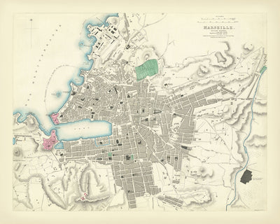 Mapa antiguo de Marsella, 1870: Vieux-Port, Fort Saint-Jean, Fort Saint-Nicolas, Palais Longchamp, Parc Borély