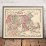 Alte Karte von Massachusetts von J.H. Colton, 1855: Boston, Worcester, Springfield, Lowell und New Bedford 