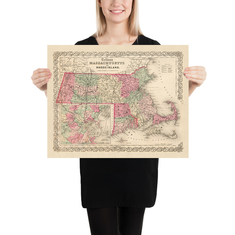 Mapa antiguo de Massachusetts por JH Colton, 1855: Boston, Worcester, Springfield, Lowell y New Bedford