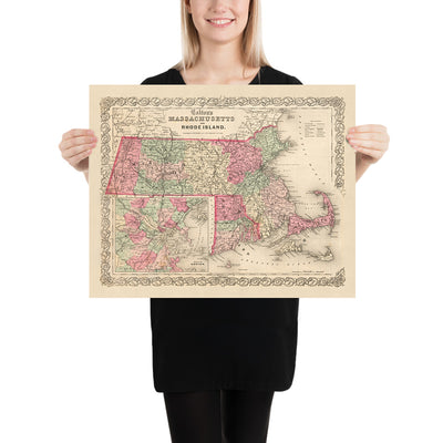 Mapa antiguo de Massachusetts por JH Colton, 1855: Boston, Worcester, Springfield, Lowell y New Bedford