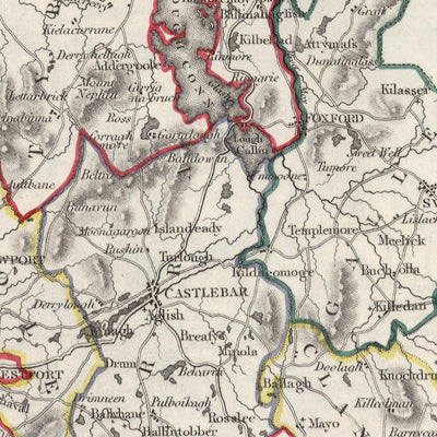Ancienne carte du comté de Mayo par Samuel Lewis, 1844 : Westport, Ballina, Castlebar, Achill Island, Clew Bay