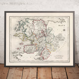 Alte Karte des County Mayo von Samuel Lewis, 1844: Westport, Ballina, Castlebar, Achill Island, Clew Bay 