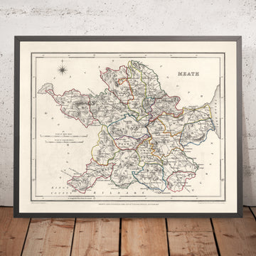 Alte Karte des County Meath von Samuel Lewis, 1844: Navan, Trim, Kells, Athboy, Hügel von Tara 