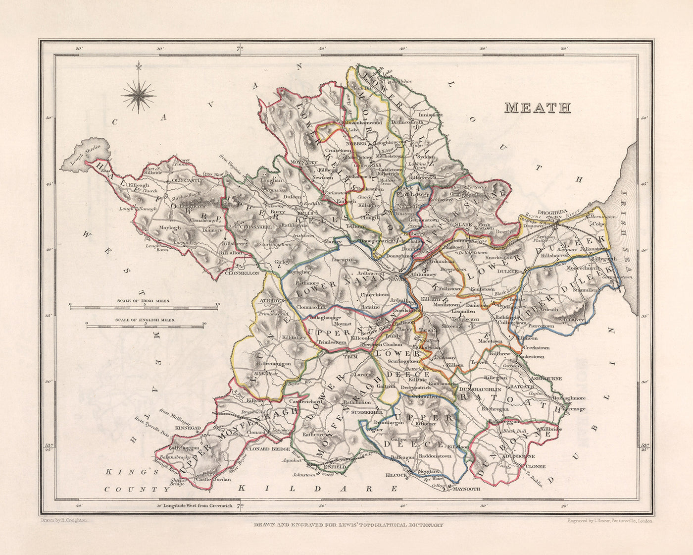 Mapa antiguo del condado de Meath por Samuel Lewis, 1844: Navan, Trim, Kells, Athboy, Hill of Tara