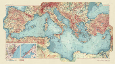 Old World Map of the Mediterranean Sea & Countries, 1967: From Gibraltar to Israel