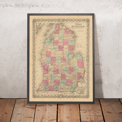 Ancienne carte du Michigan par JH Colton, 1855 : Détroit, Grand Rapids, Ann Arbor, Lansing, Kalamazoo