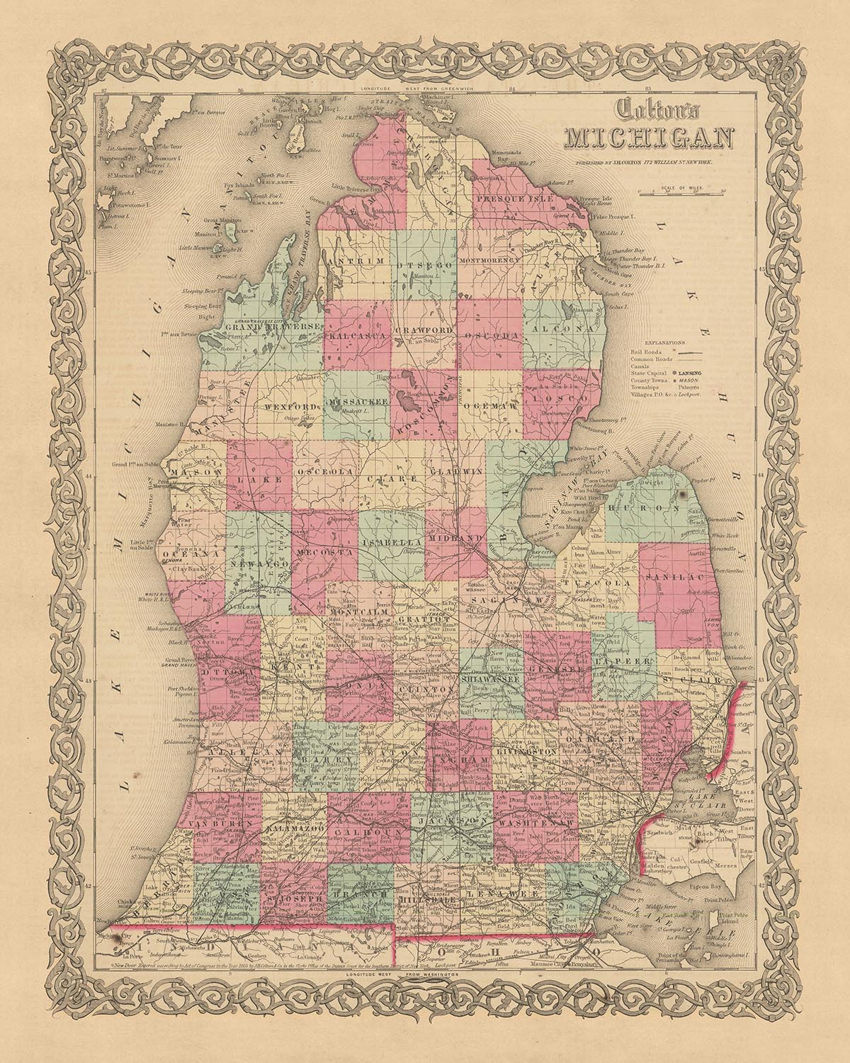 Mapa antiguo de Michigan por JH Colton, 1855: Detroit, Grand Rapids, Ann Arbor, Lansing, Kalamazoo