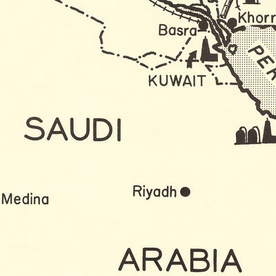 Old Map of Middle East Oil Industry by Padelford, 1950: Oil Fields, Pipelines, Railways, Saudi Arabia, Iran, UAE