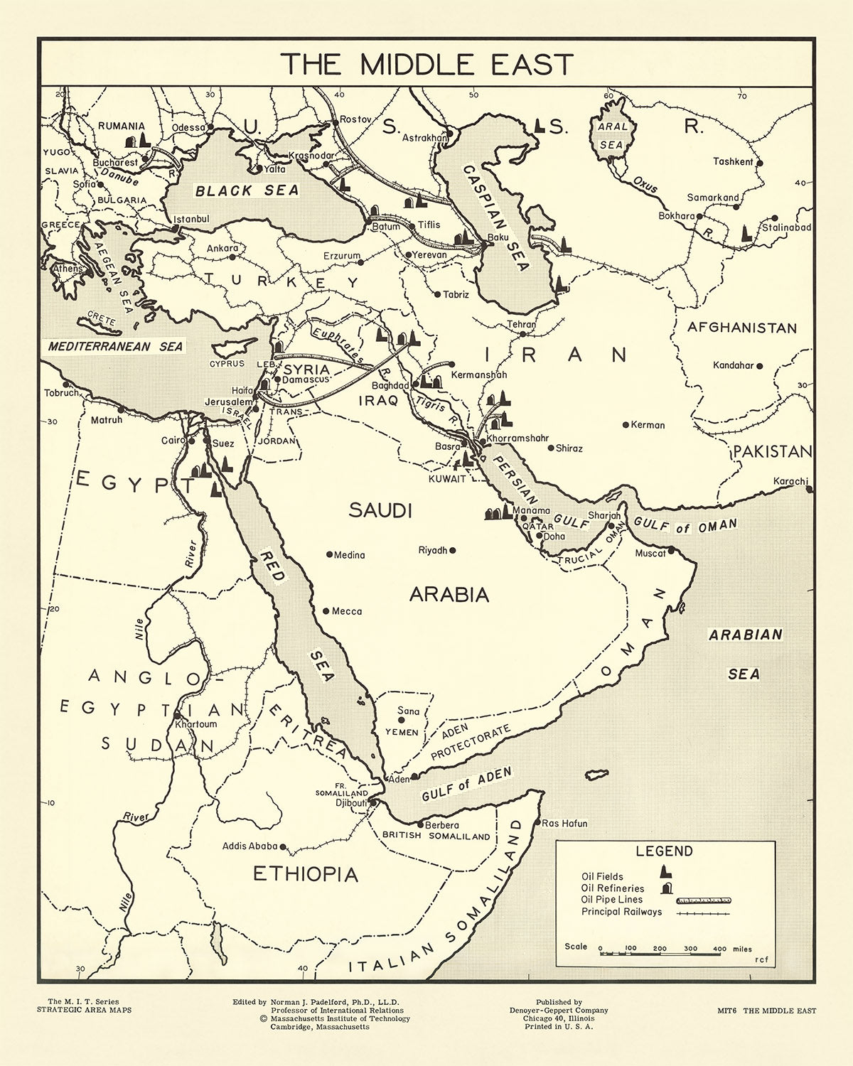 Alte Infografik der Ölindustrie im Nahen Osten von Padelford, 1950: Ölfelder, Pipelines, Eisenbahnen