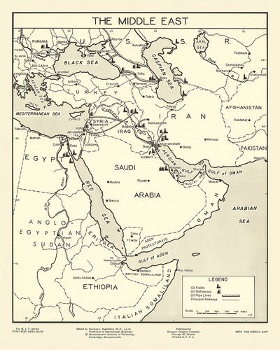 Antiguo mapa infográfico de la industria petrolera de Oriente Medio por Padelford, 1950: campos petrolíferos, oleoductos, ferrocarriles