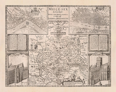 Old Map of Middlesex by John Speed, 1676: London, Westminster, Highgate, Harrow, Brentford, and Uxbridge