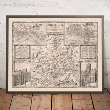 Old Map of Middlesex by John Speed, 1676: London, Westminster, Highgate, Harrow, Brentford, and Uxbridge