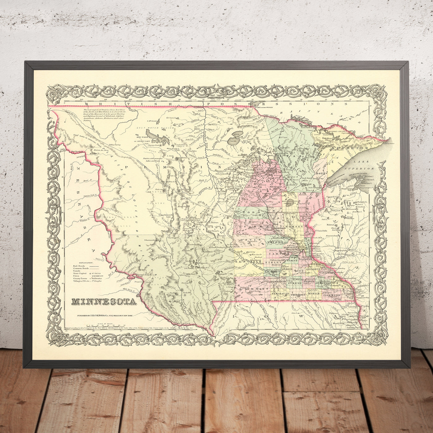 Mapa antiguo de Minnesota por JH Colton, 1856: San Pablo, San Antonio, Stillwater, Mendota y Wabasha