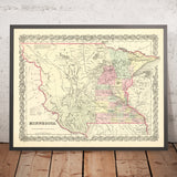 Mapa antiguo de Minnesota por JH Colton, 1856: San Pablo, San Antonio, Stillwater, Mendota y Wabasha