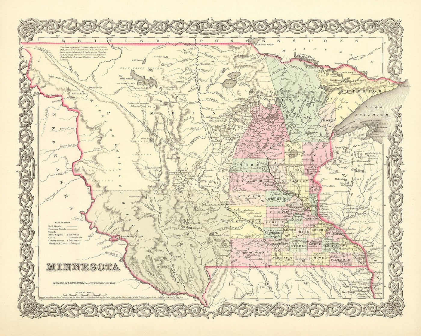 Alte Karte von Minnesota von JH Colton, 1856: St. Paul, St. Anthony, Stillwater, Mendota und Wabasha