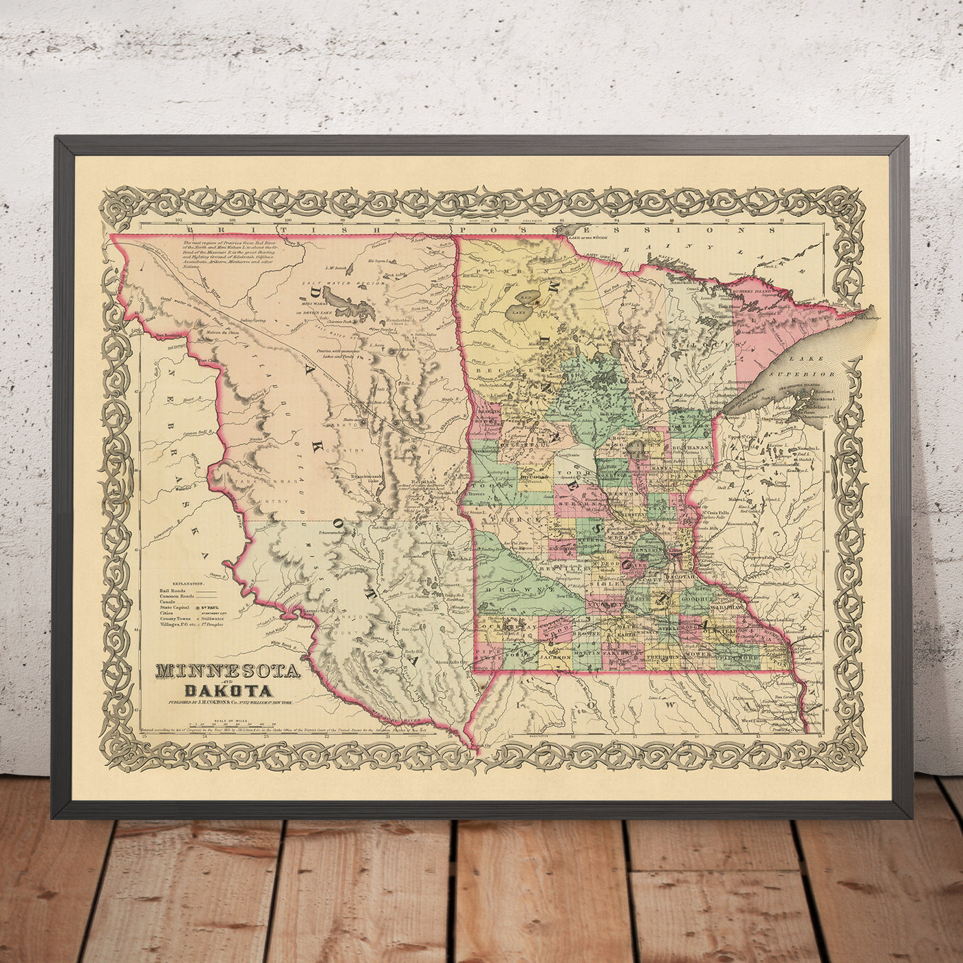Old map of Minnesota & Dakota by Colton, 1860: St. Paul, Minneapolis, St. Anthony, Mendota, and Pembina