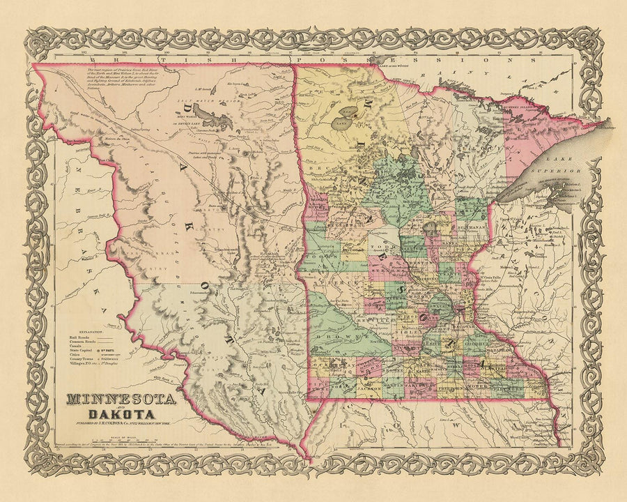 Mappa antica del Minnesota e Dakota di Colton, 1860: St. Paul, Minneapolis, St. Anthony, Mendota e Pembina 