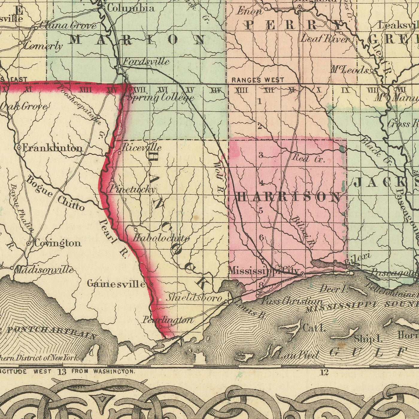 Ancienne carte du Mississippi par JH Colton, 1855 : Jackson, Vicksburg, Natchez, Columbus et Meridian