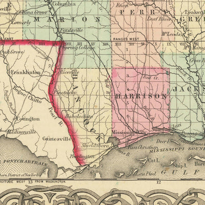 Ancienne carte du Mississippi par JH Colton, 1855 : Jackson, Vicksburg, Natchez, Columbus et Meridian