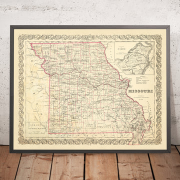 Alte Karte von Missouri von J. H. Colton, 1860: St. Louis, Kansas City, Springfield, Independence, Jefferson City 