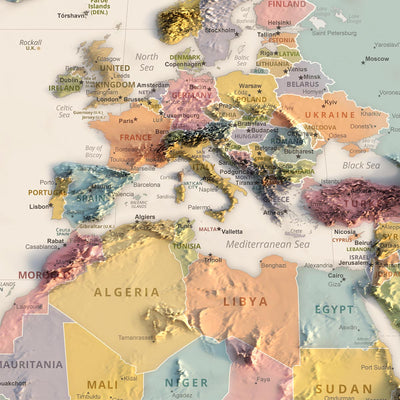 Límites políticos del mapa del Viejo Mundo, 2023: CIA, proyección Robinson, capitales y ciudades principales