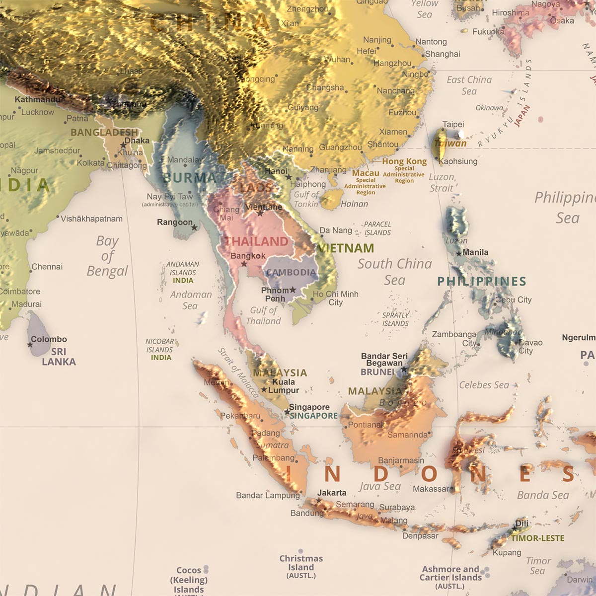 Límites políticos del mapa del Viejo Mundo, 2023: CIA, proyección Robinson, capitales y ciudades principales