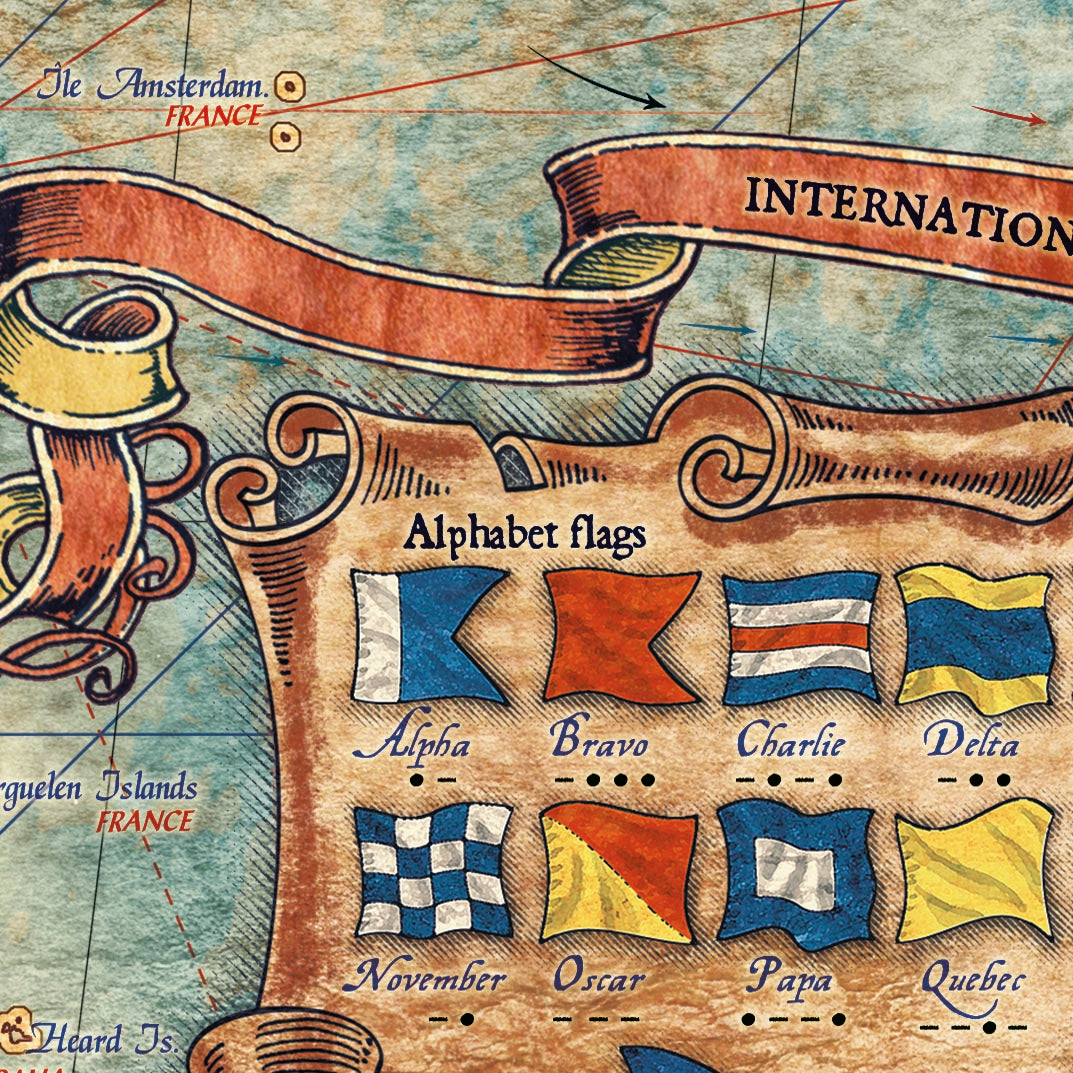Antique Modern World Map by Ray&Co, 2025: Ship Flags, Knots