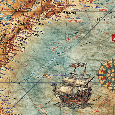 Antique Modern World Map by Ray&Co, 2025: Ship Flags, Knots