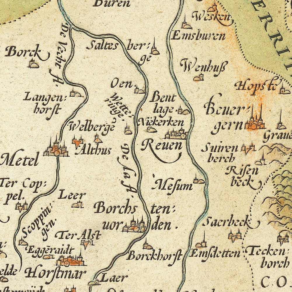 Alte Karte von Nordrhein-Westfalen und Niedersachsen von Ortelius, 1587: Münster, Osnabrück, Lippe, Wälder 