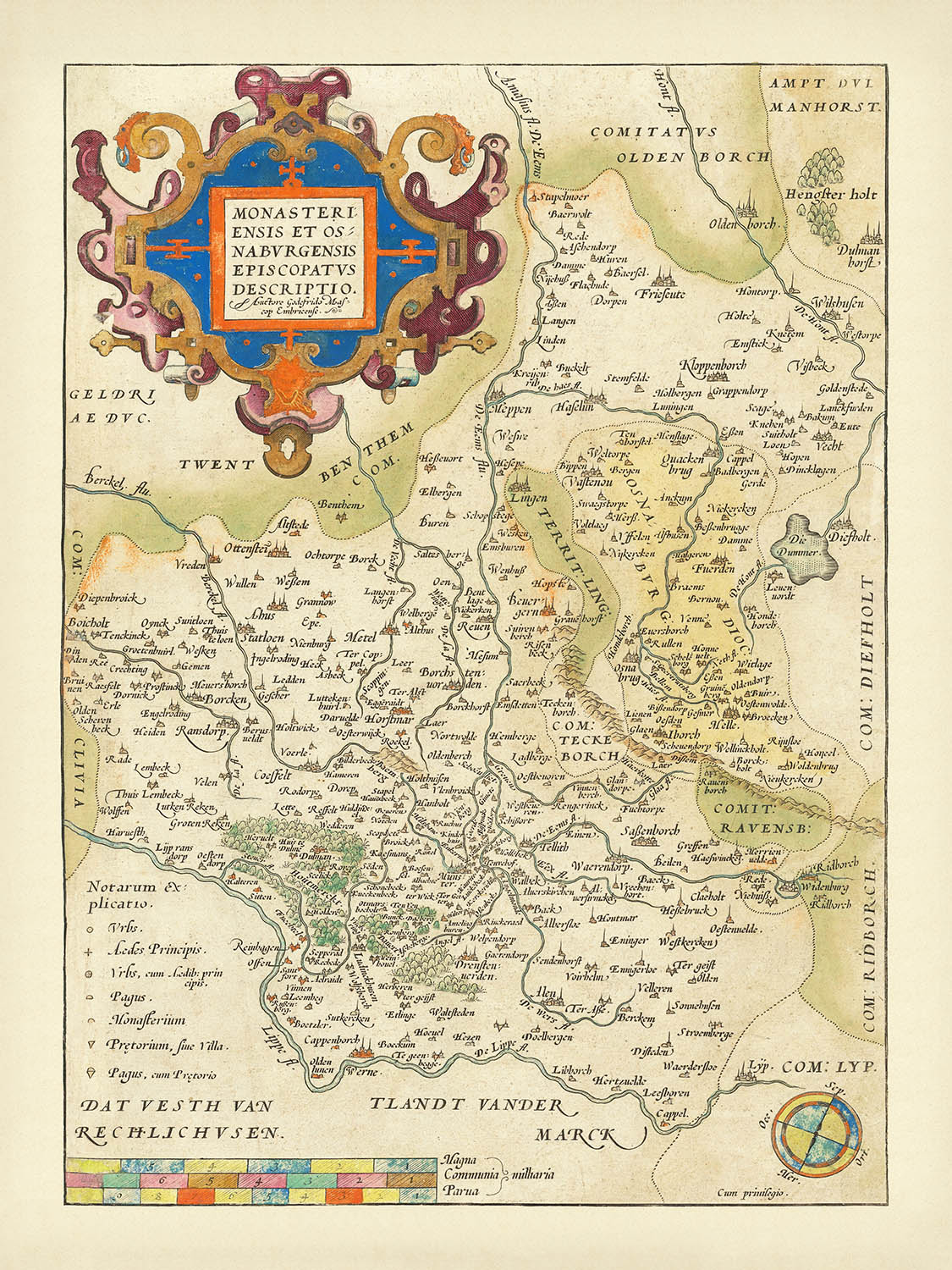 Mapa antiguo de Renania del Norte-Westfalia y Baja Sajonia de Ortelius, 1587: Münster, Osnabrück, río Lippe, bosques, cartela ornamentada