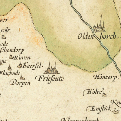 Carte ancienne de la Rhénanie-du-Nord-Westphalie et de la Basse-Saxe par Ortelius, 1587 : Münster, Osnabrück, rivière Lippe, forêts, cartouche orné