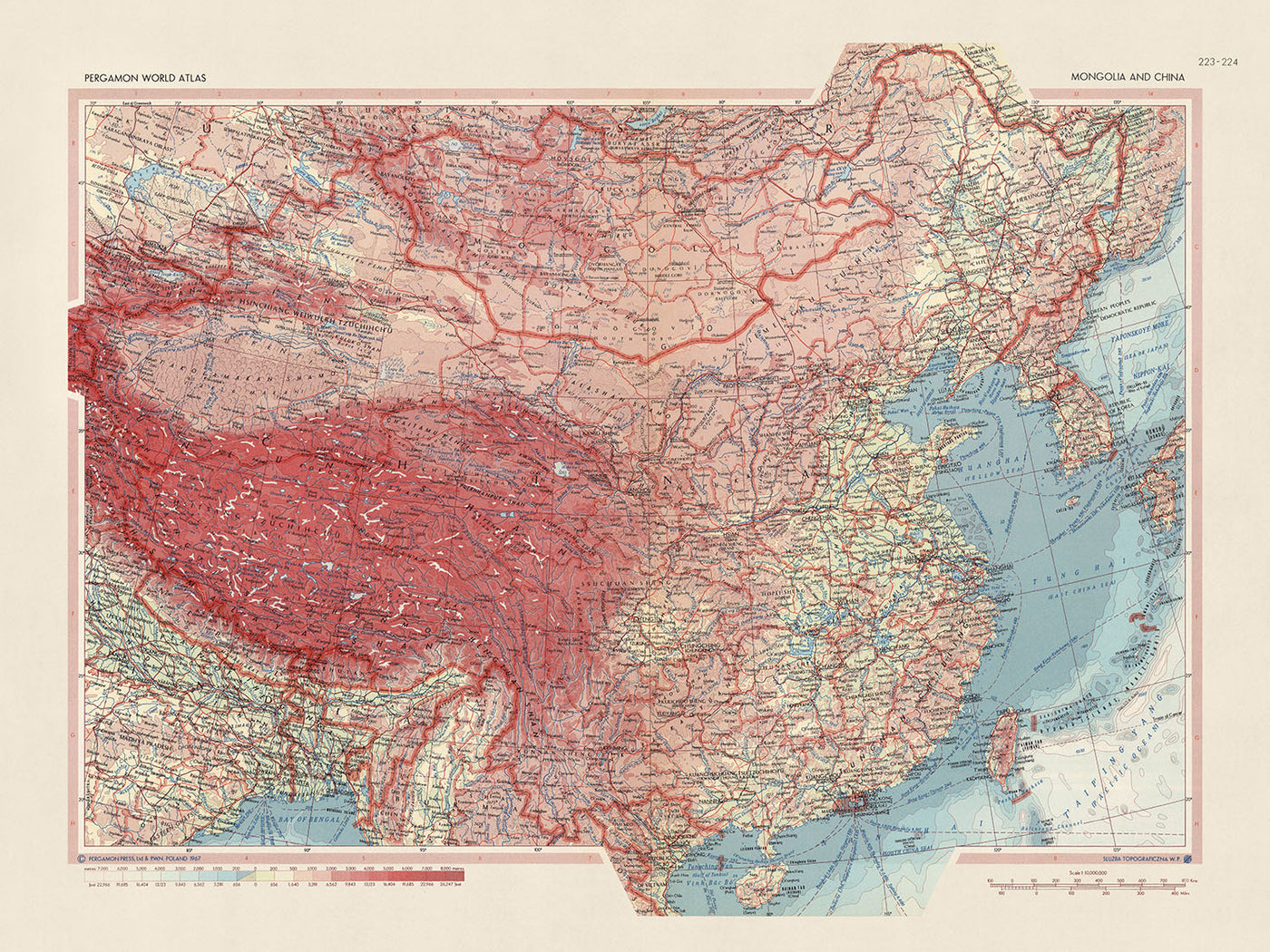 Ancienne carte de la Mongolie et de la Chine établie par le service topographique de l'armée polonaise, 1967 : Mongolie, Chine, Corée, Taïwan, caractéristiques politiques et physiques détaillées