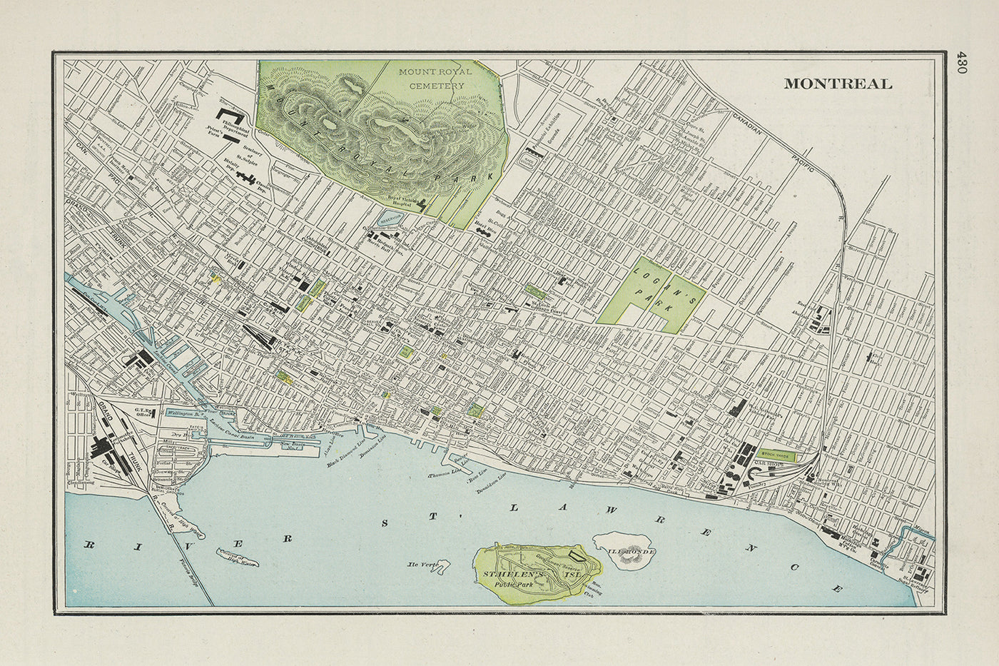 Old Map of Montreal by Cram, 1901: Mount Royal Park & Cemetery, St. Lawrence River, Old Montreal, McGill University, Lafontaine Park