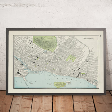 Mapa antiguo de Montreal por Cram, 1901: Parque y cementerio Mount Royal, río San Lorenzo, Viejo Montreal, Universidad McGill, Parque Lafontaine