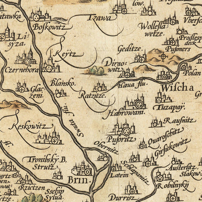 Carte ancienne de la Moravie par Ortelius, 1608 : Brno, Olomouc, rivières, montagnes, villes fortifiées