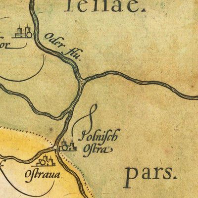 Mapa antiguo de Moravia de Ortelius, 1608: Brno, Olomouc, ríos, montañas, ciudades fortificadas