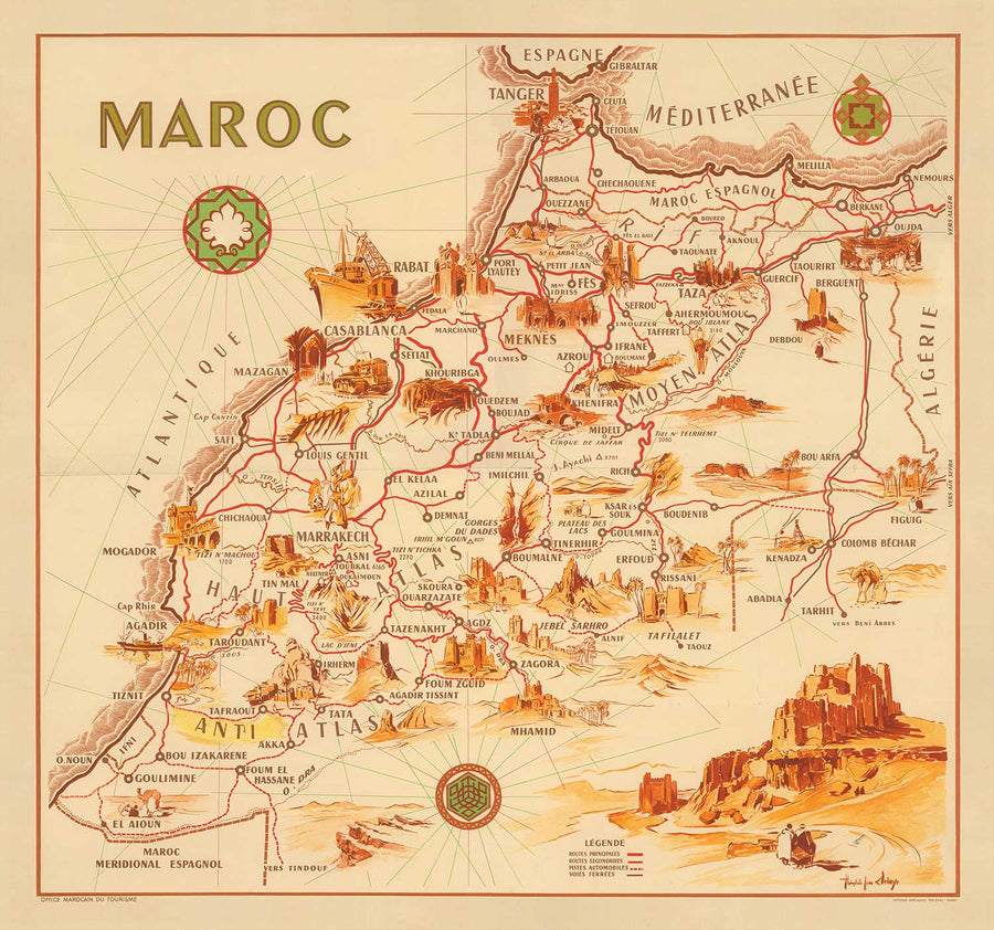 Mappa antica del Marocco di Theophile-Jean Delaye nel 1950 - Casablanca, Rabat, Fes, Marrakech, Tangeri 