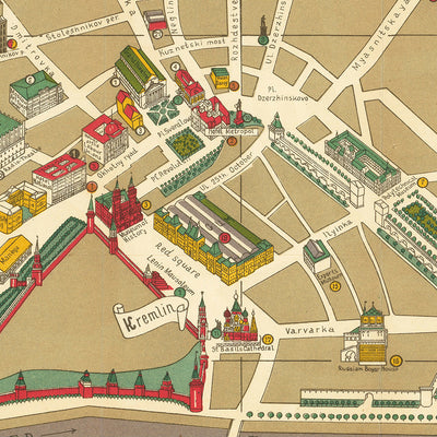 Antiguo mapa pictográfico de Moscú de Getmanski, 1955: Kremlin, Plaza Roja, Teatro Bolshoi, San Basilio, Mausoleo de Lenin