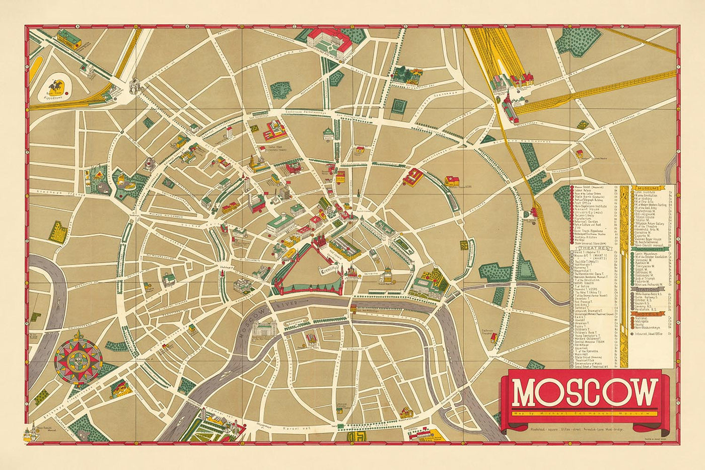 Old Tourist Map of Moscow by Getmanski, 1955: Kremlin, Red Square, Bolshoi Theatre, St. Basil's, Lenin's Mausoleum