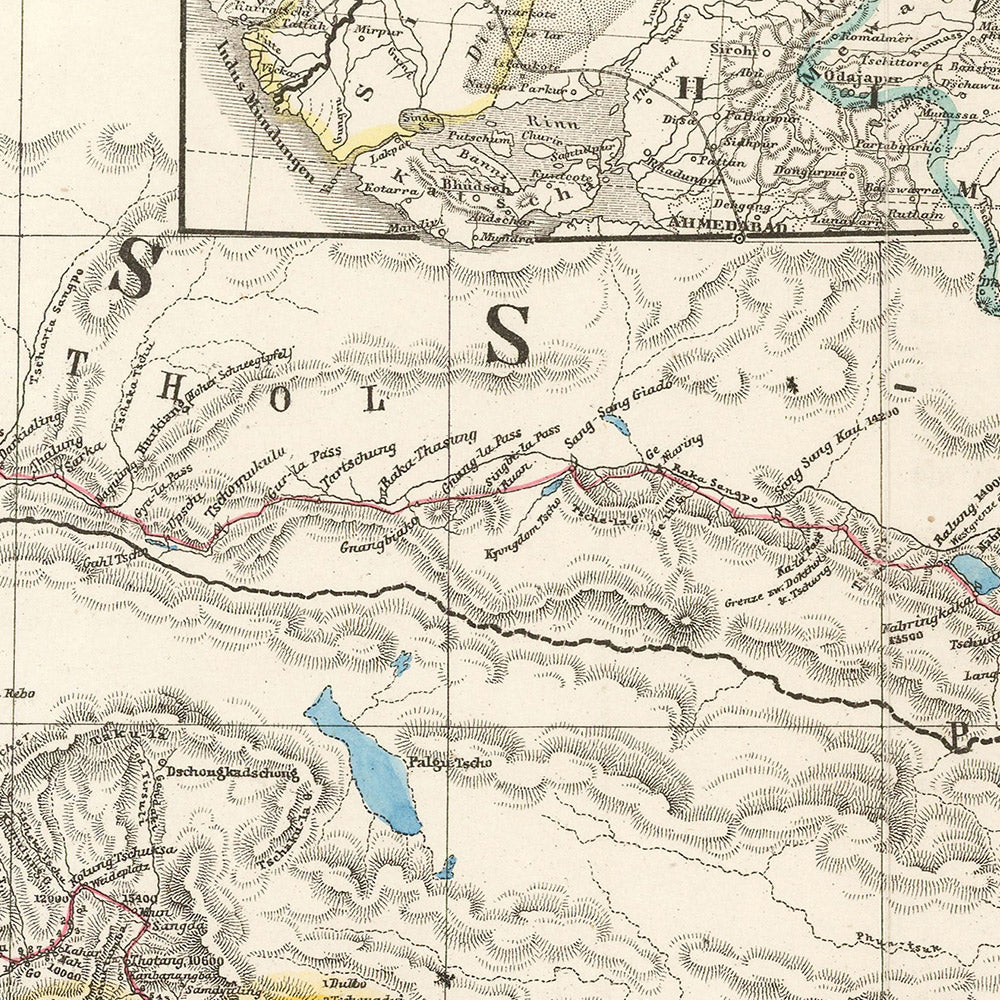 Mapa antiguo del Himalaya de Petermann, 1868: Everest, K2, Sikkim, Bután, Tíbet